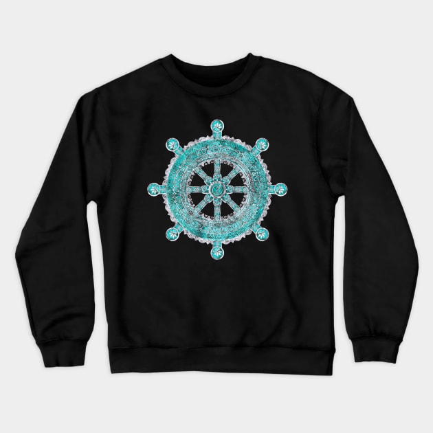 Dharma Wheel - Dharmachakra Silver and turquoise Crewneck Sweatshirt by Nartissima